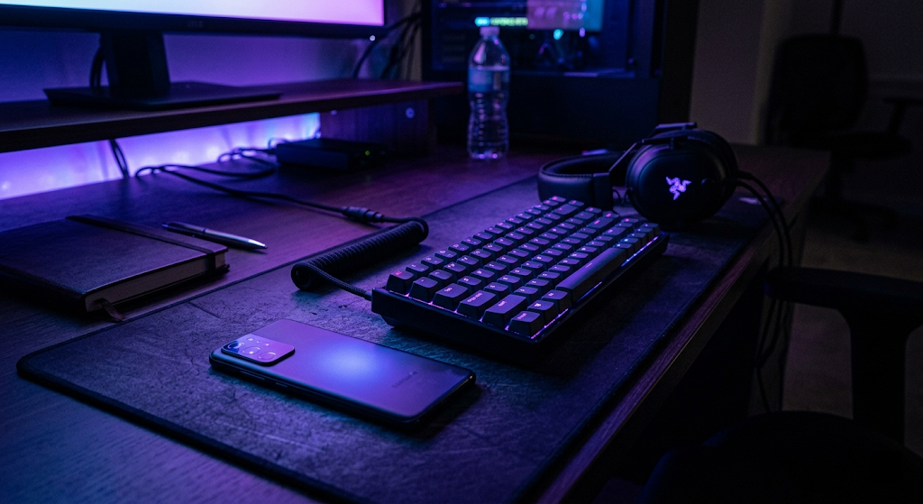 A face-down smartphone glowing beside a lit mechanical keyboard and gaming headset in a dark room suffused with purple and blue monitor light