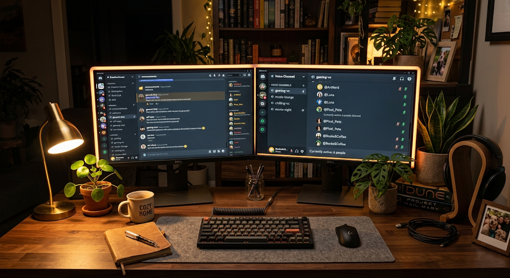 A glowing dual-monitor desk setup displaying a Discord server interface, surrounded by plants, figurines, books, and warm ambient light
