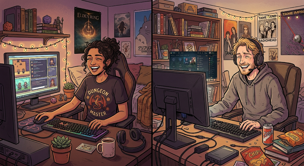 Two people in separate cozy gaming setups wearing headsets — one mid-laugh at their screen, the other mid-sentence with a warm grin — lit by late-night desk lamps