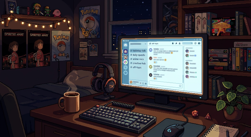 A glowing monitor at a cozy night desk rendered in retro pixel art, showing a Discord server channel list with a soft notification bubble