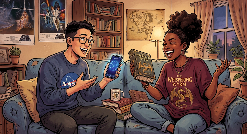 Two friends at a coffee shop laughing mid-debate, each holding their genre of choice like a trophy