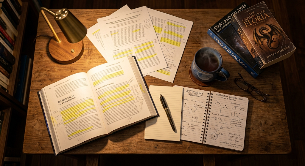 A warmly lit desk covered in open books, research papers, and a steaming mug of tea