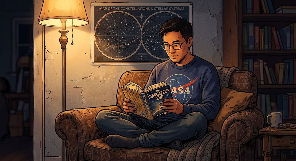 A young man in glasses fully absorbed in a sci-fi paperback, surrounded by star maps and space memorabilia in a cozy apartment