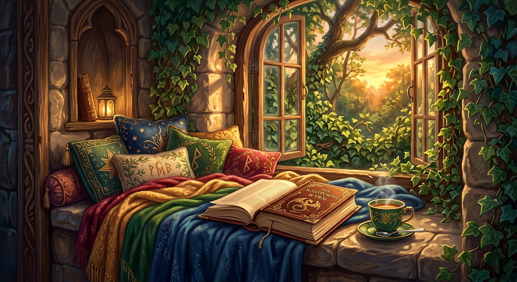 A cozy window seat with a fantasy novel, fairy lights, and golden-hour light pouring through rain-specked glass
