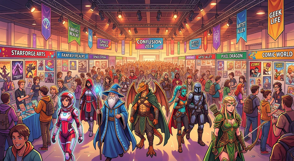 A lively anime-style convention floor packed with diverse costumed attendees laughing and chatting