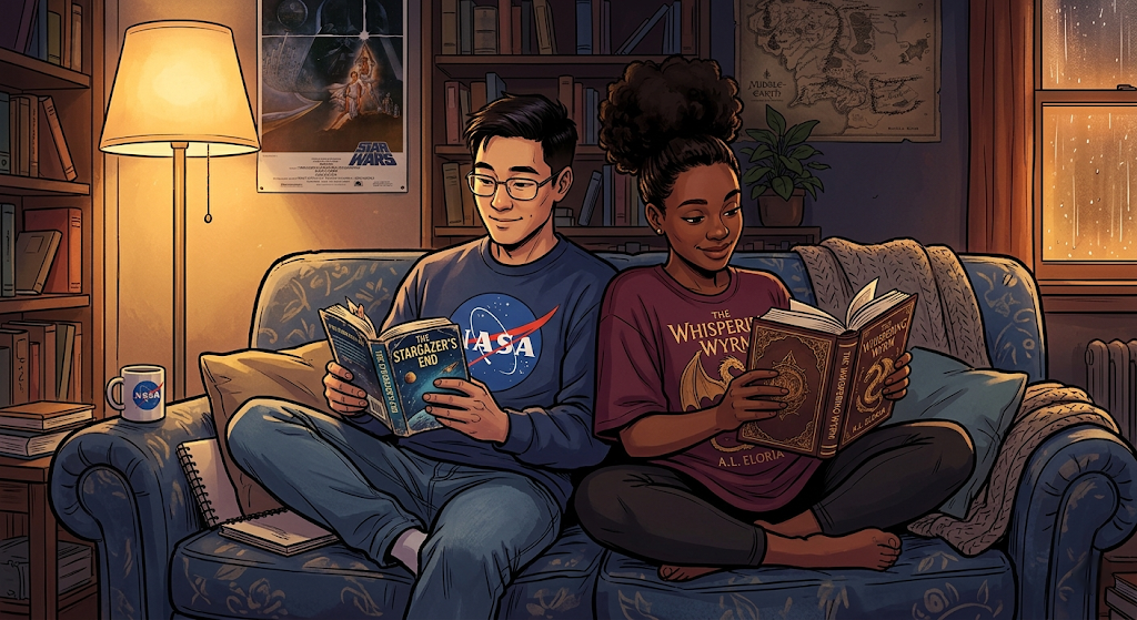 Two people curled up on a couch together, each reading their own book, sharing a laugh over something on the page