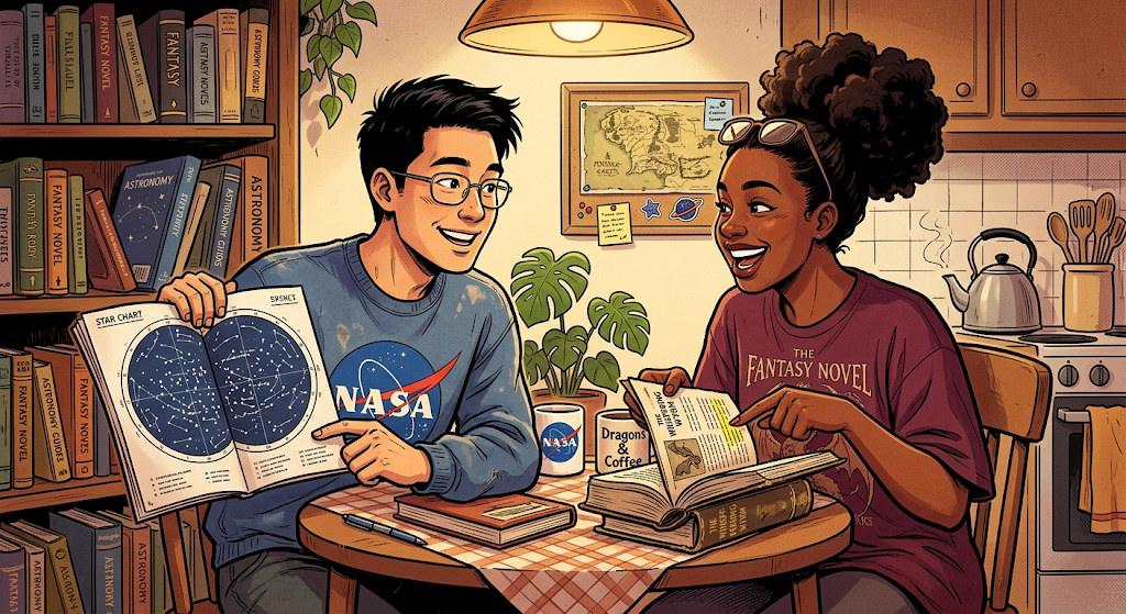 A couple laughing together over a board game at a table covered in sci-fi and fantasy books and game pieces