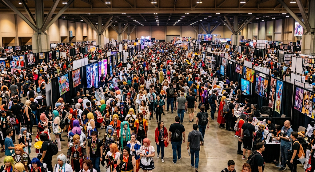 A bird's-eye view of a packed convention exhibition hall filled with costumed attendees moving between colorful booths under warm overhead lighting.