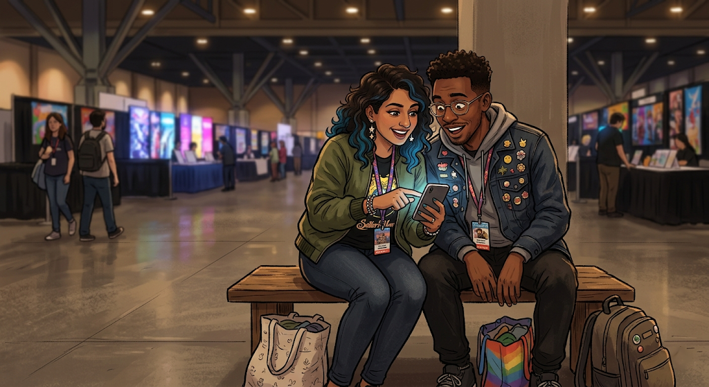 Maya and Eli sit close together on a convention bench at night, Maya showing Eli something on her phone while both look tired but delighted.