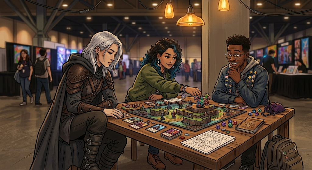 Jordan, Maya, and Eli gathered around a lit tabletop gaming table at a convention, deeply focused on a game with dice and game pieces scattered between them.