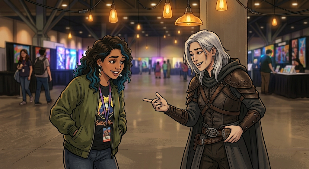 Maya leans in to examine a detail on Jordan's fantasy cosplay belt while Jordan gestures enthusiastically, both mid-conversation in a convention aisle.