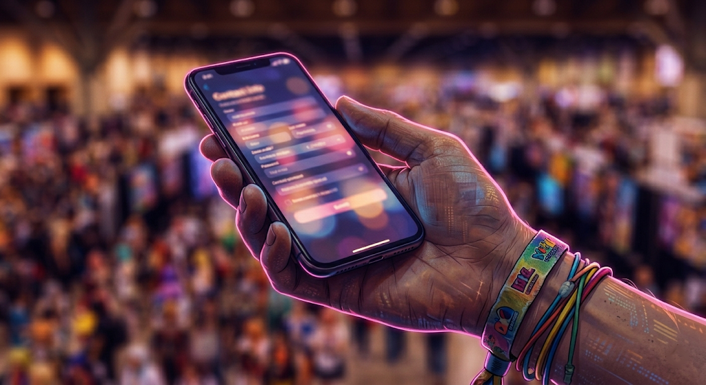 A close-up of a hand saving a new contact on a glowing phone, a worn convention wristband around the wrist, against a soft-focus convention background.
