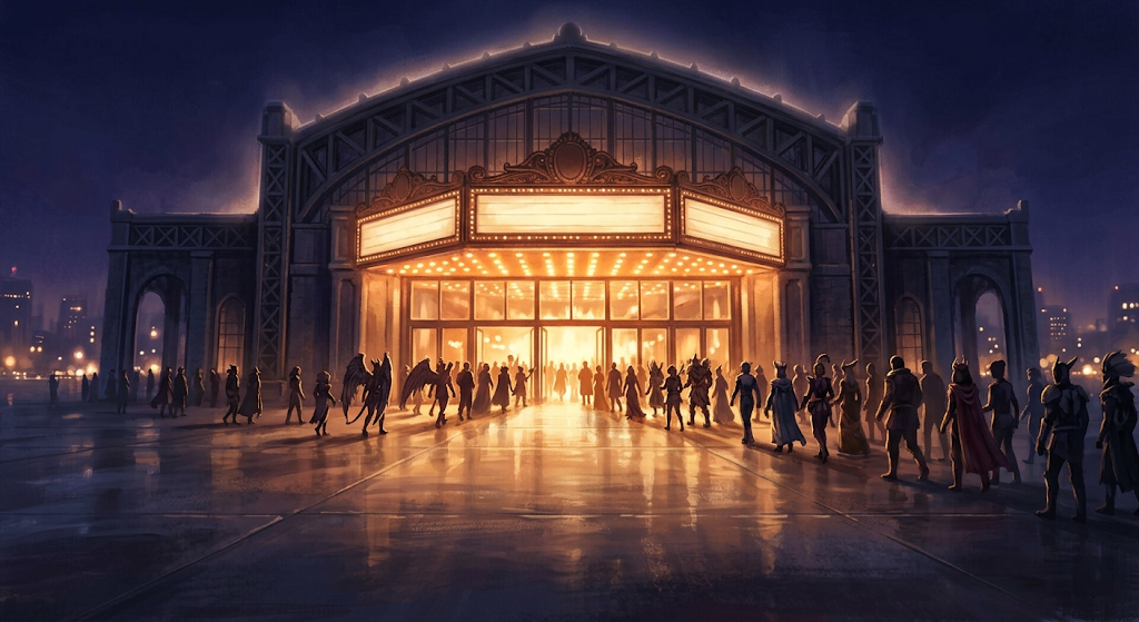 A night-time fantasy illustration of a grand convention center exterior, warm entrance lights blazing against an indigo sky, silhouetted costumed attendees streaming through the doors.