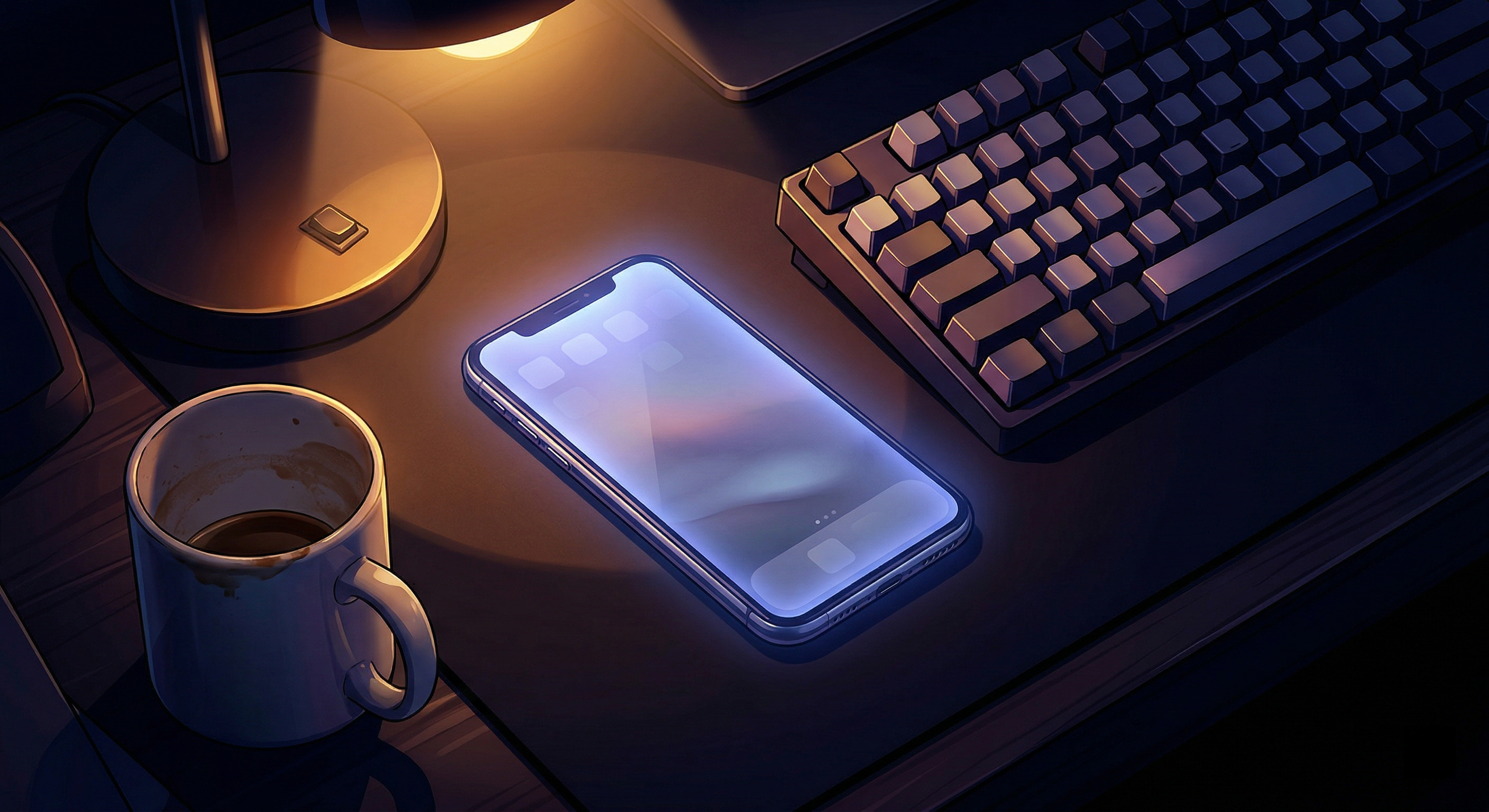 A glowing smartphone with a dating app open resting untouched beside a mechanical keyboard and coffee mug on a dark desk at night.