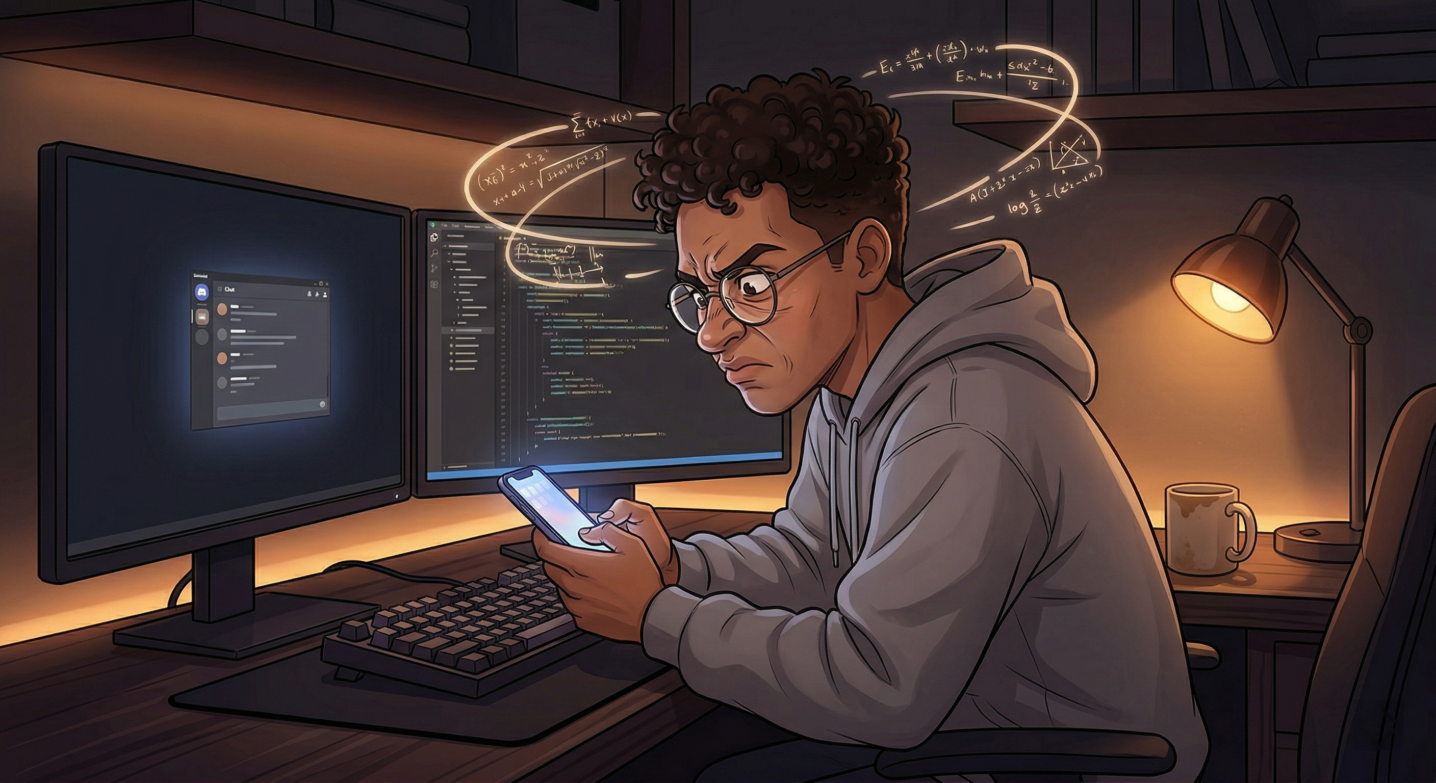 A young man with curly hair and round glasses sits at his gaming desk in a hoodie, staring at his phone with a deeply over-analytical, pained expression.
