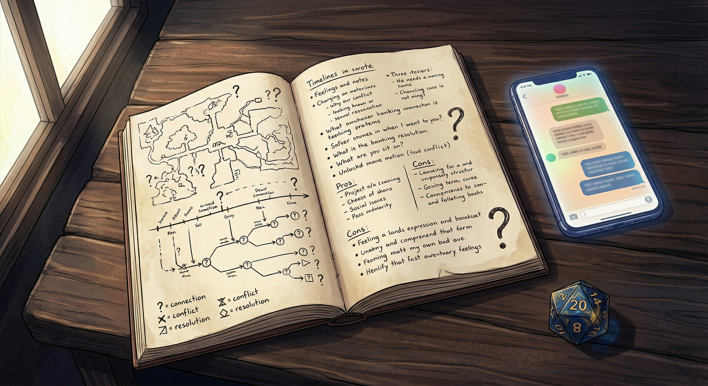 A flat-lay of an open journal with timeline sketches, a polyhedral die, and a phone showing a text conversation, bathed in soft natural window light.