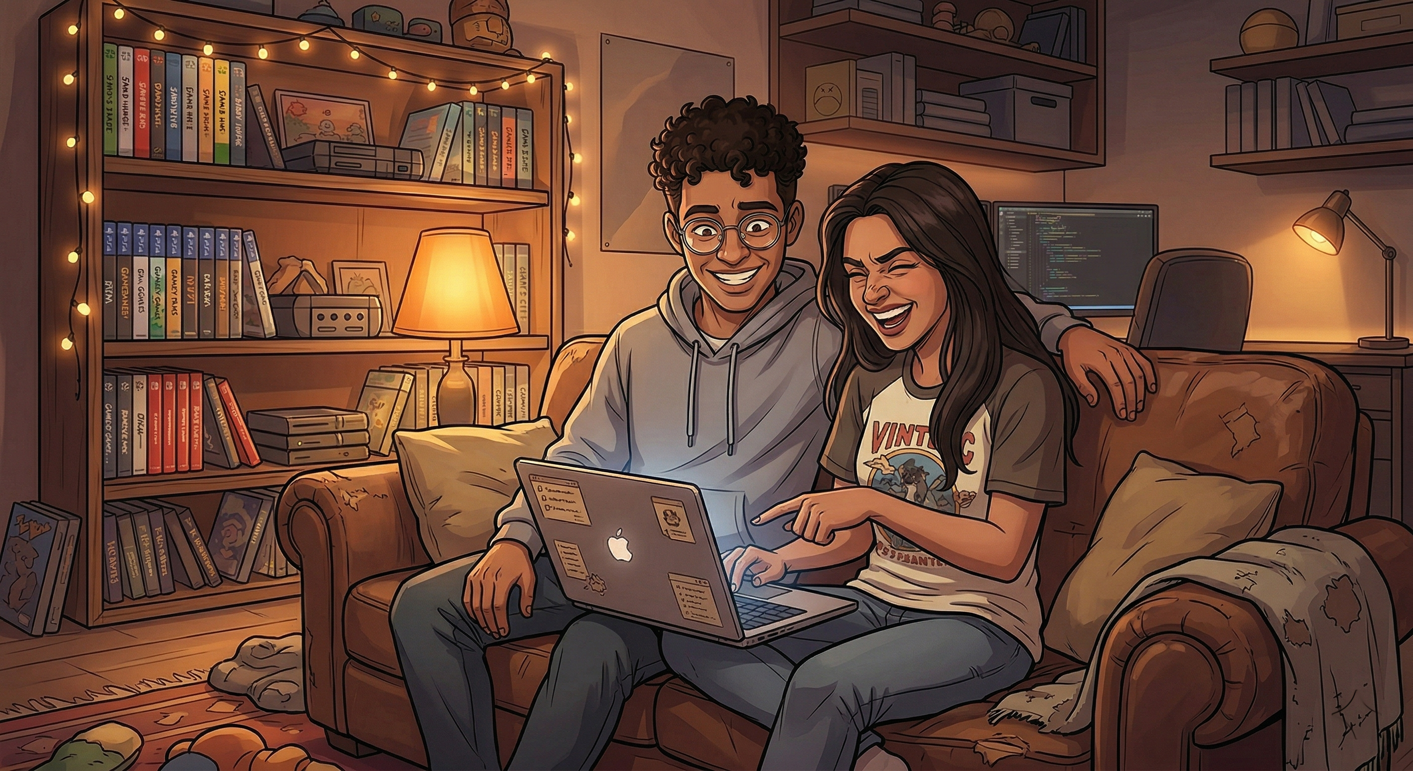 A couple laughing together on a worn leather couch over a shared laptop, with a gaming shelf visible in the warm, string-lit background.