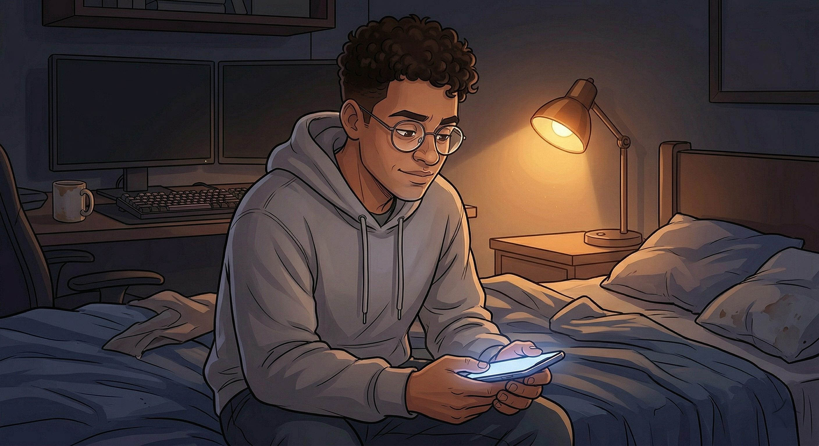 A young man in a gray hoodie sits on the edge of his bed, holding his phone with a calm, quietly resolved expression, the gaming setup softly lit behind him.