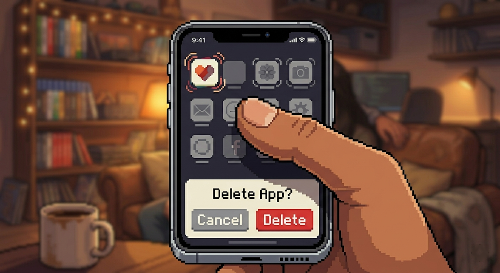 A close-up of a phone screen in delete mode, with a shaking dating app icon and a thumb hovering above it, ready to tap.
