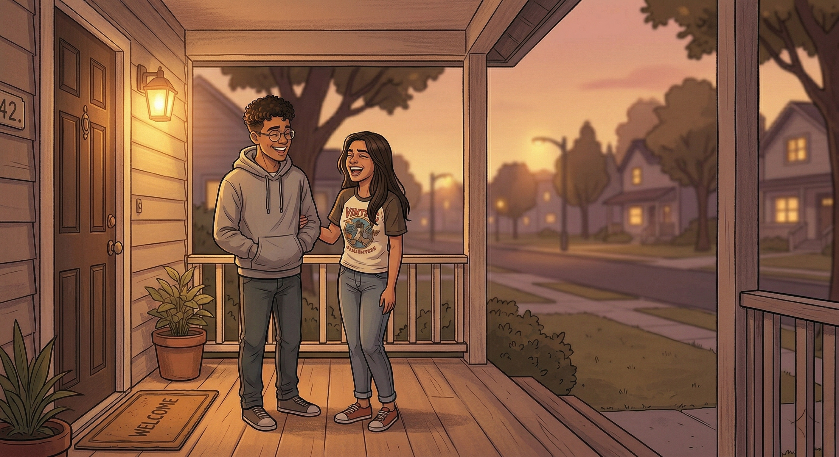 A couple sitting side by side on a couch, each holding a game controller with easy, relaxed smiles, bathed in warm TV glow.