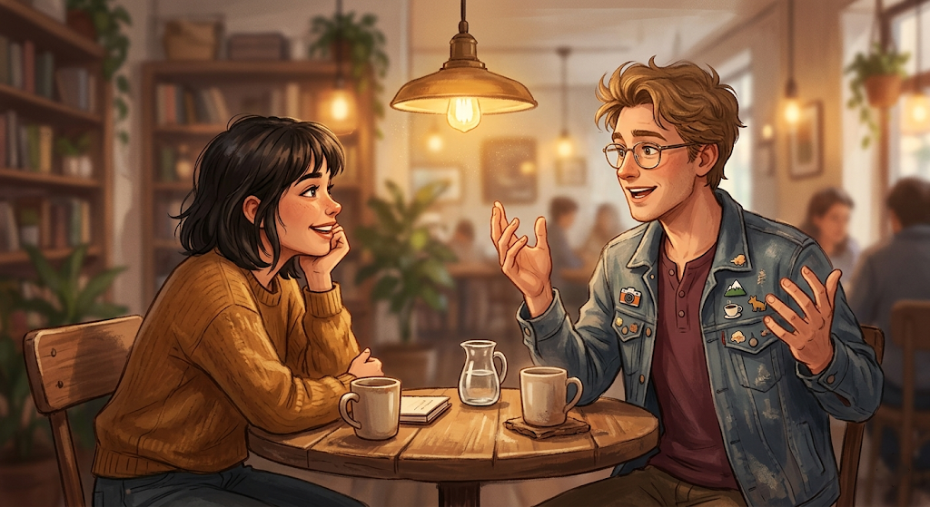 A young woman leaning forward intently while a young man speaks animatedly at a small candlelit table, warm overhead lighting