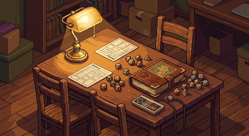 Retro pixel art of a cozy tabletop gaming setup with two chairs side by side, dice, and a controller under warm lamp light