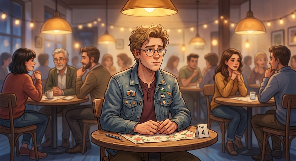 A young man sitting alone at a speed dating table looking composed but quietly nervous, other blurred tables visible in the background