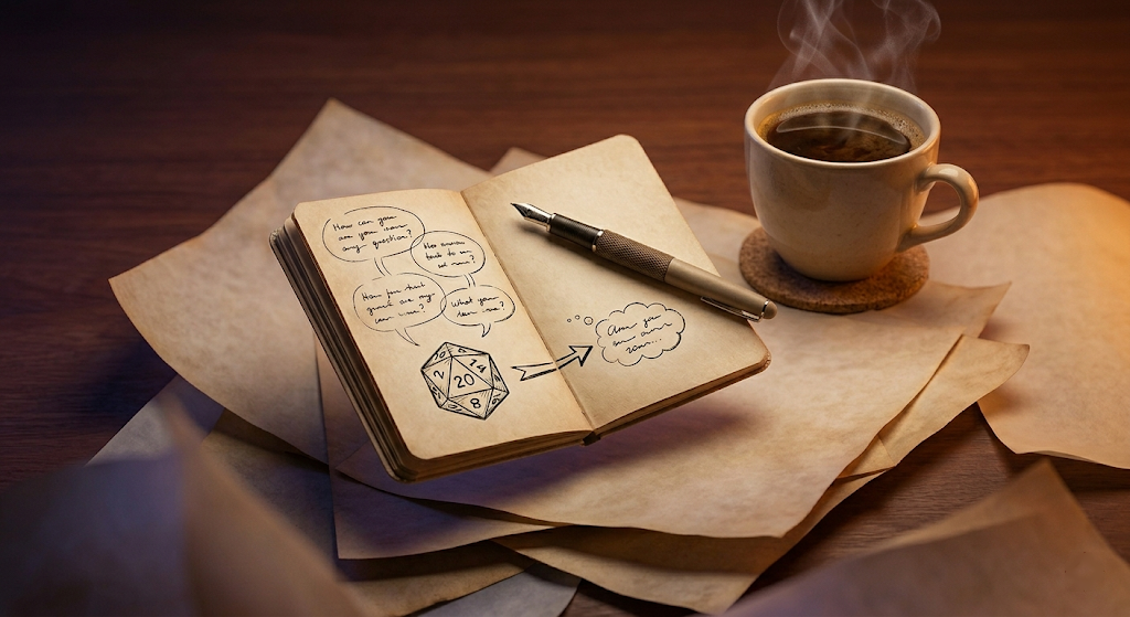 Abstract surreal close-up of a notepad with scribbled conversation prep notes and a coffee cup, soft surreal lighting