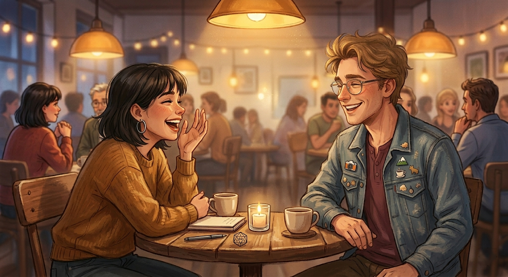A young woman laughing in surprise while a young man smiles warmly across a small speed dating table, candlelight between them