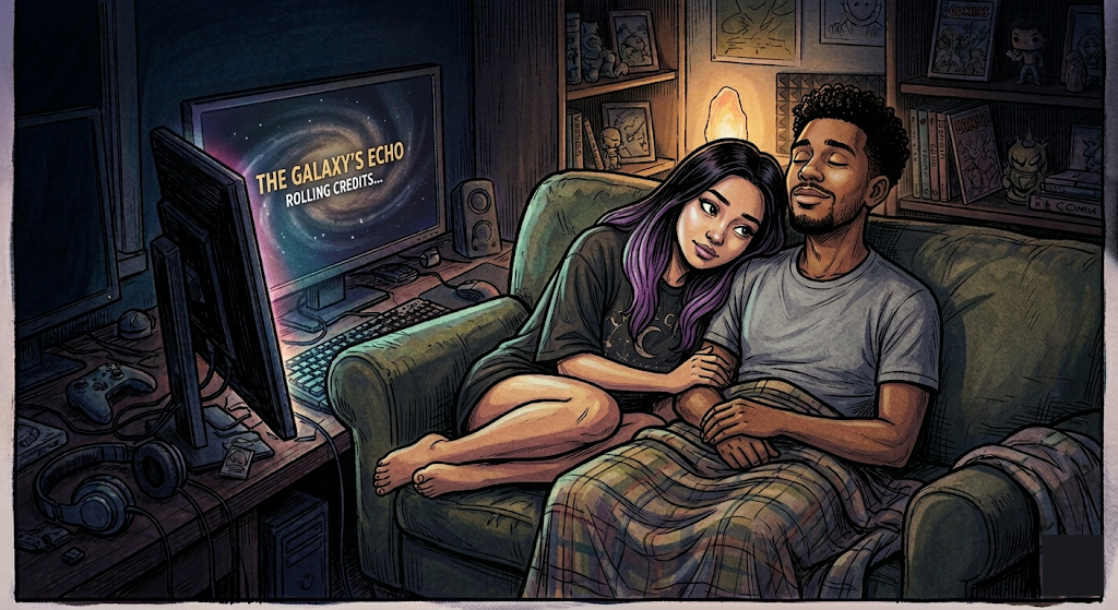 Two people on a couch playing a horror game together — one bundled in a blanket and wide-eyed, the other leaning forward intensely, TV light casting their faces in shifting color