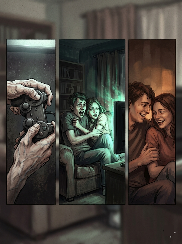 A triptych of three pairs of hands: gripping a game controller, clasped in a lap, and writing in a journal by candlelight