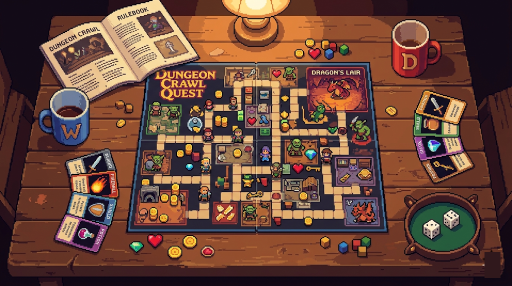 Overhead pixel art view of a board game in progress, snacks and drinks around the table, warm moody lighting, no people