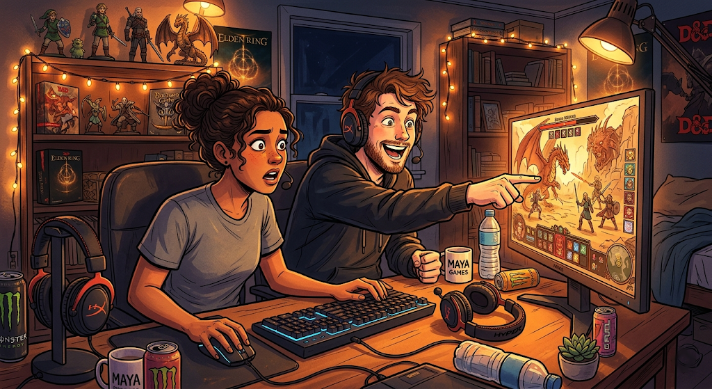 Two people leaning toward the same gaming monitor together, one pointing at the screen in excitement while the other reacts with visible delight