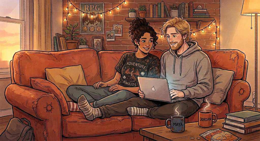 Two people side by side on a cozy couch with laptops in warm evening light, relaxed and completely at ease with each other