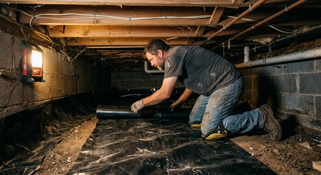 Homeowner in dirty jeans and work gloves kneeling in a low crawl space, unrolling a heavy black vapor barrier sheet across a dirt floor — Milwaukee LED work light, cinder block walls, exposed pipes and floor joists overhead