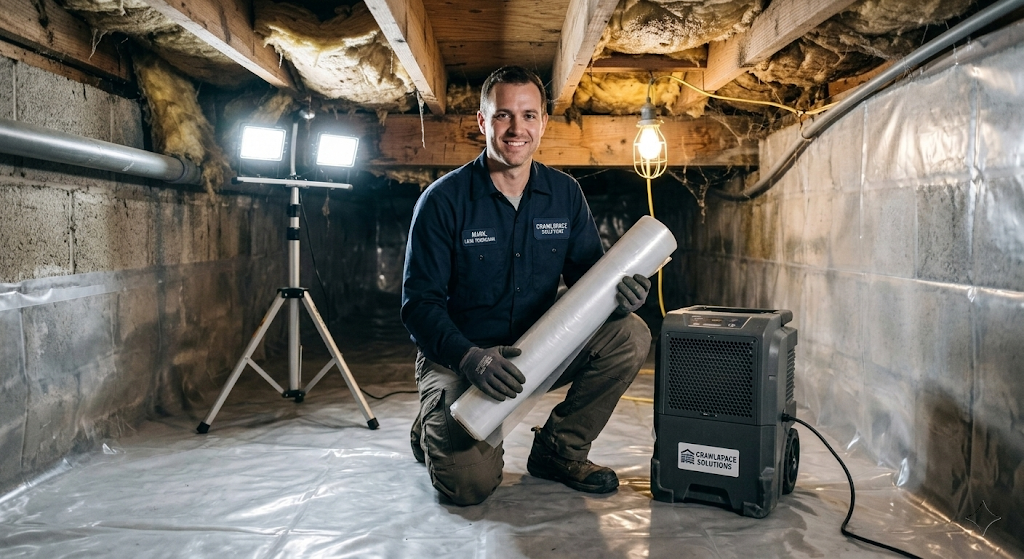 Licensed crawl space contractor in branded uniform kneeling in an encapsulated crawl space, holding a roll of vapor barrier material next to a commercial dehumidifier — silver liner covers walls and floor