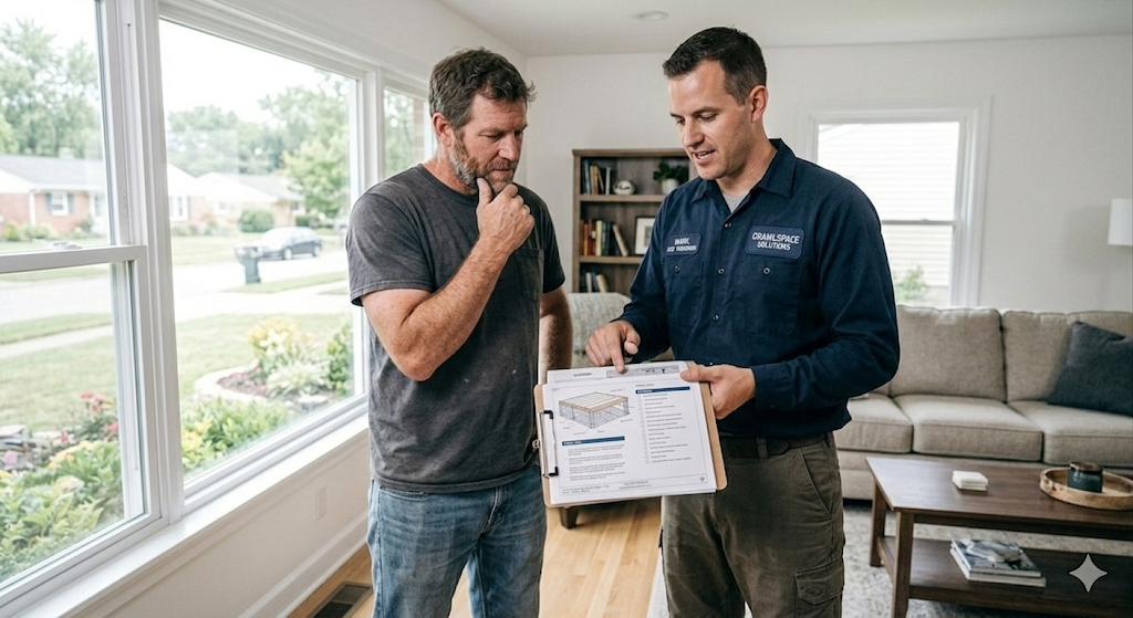 Crawlspace Solutions technician in navy uniform pointing to a crawl space diagram on a clipboard while a homeowner considers the proposal — reviewing findings line by line in a Midwest living room before signing