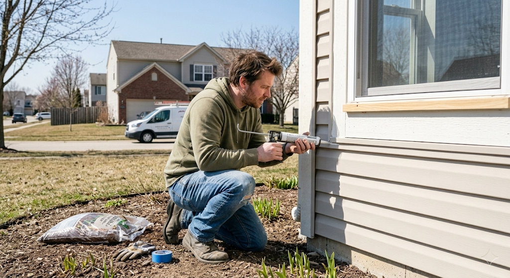 Homeowner caulking the gap between vinyl siding panels and a window frame on a midwestern suburban home — a common DIY repair after winter damage
