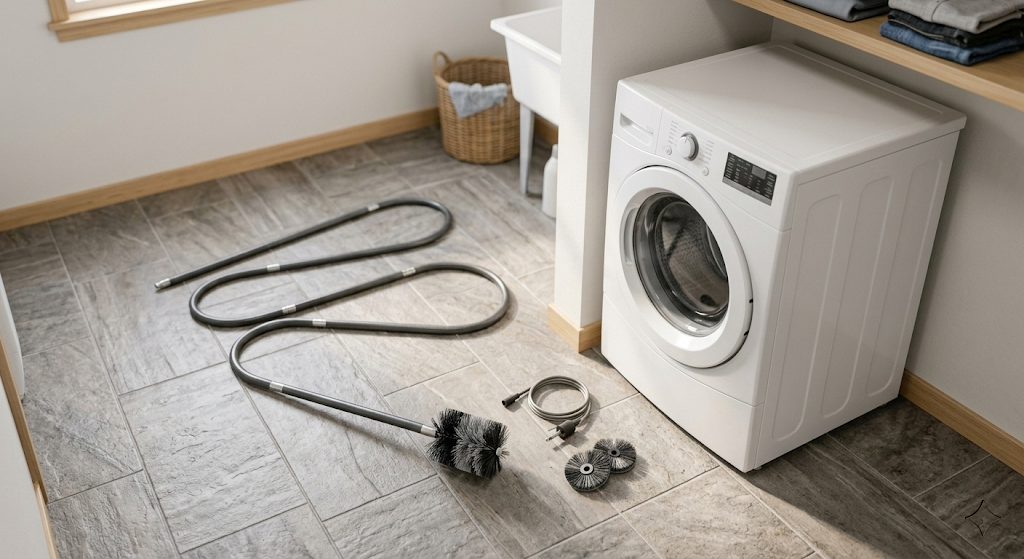 DIY dryer vent cleaning brush kit laid out on a laundry room floor — flexible segmented rod with circular bristle brush heads next to a white front-load dryer