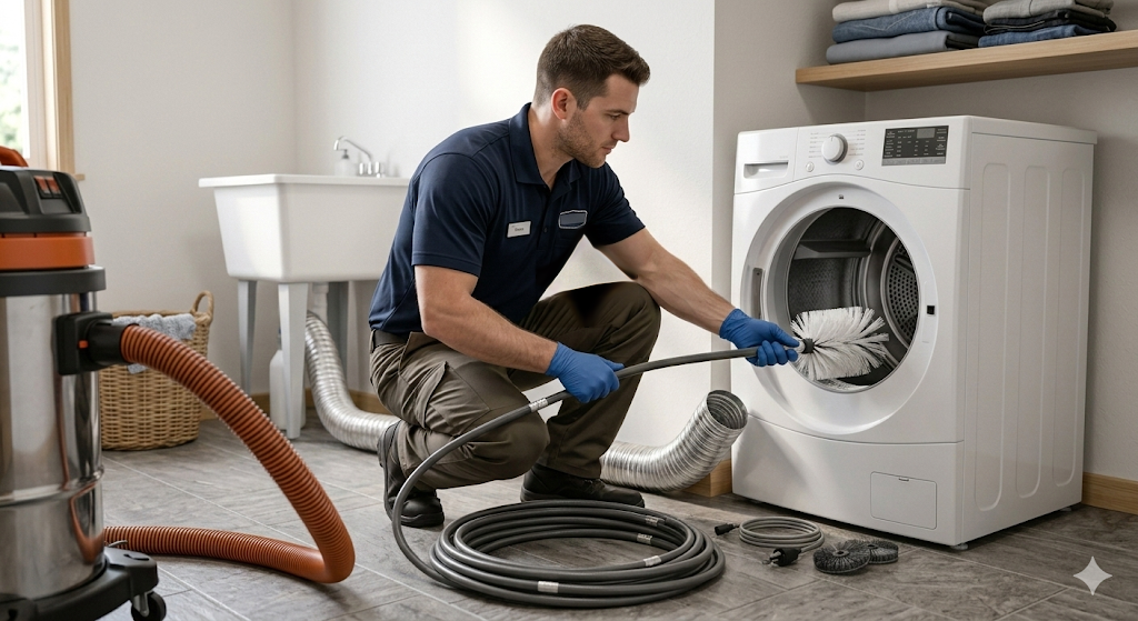 Professional dryer vent cleaning technician in navy polo and blue gloves feeding a rotary brush into a residential dryer vent — commercial shop vac and flexible duct hose visible nearby