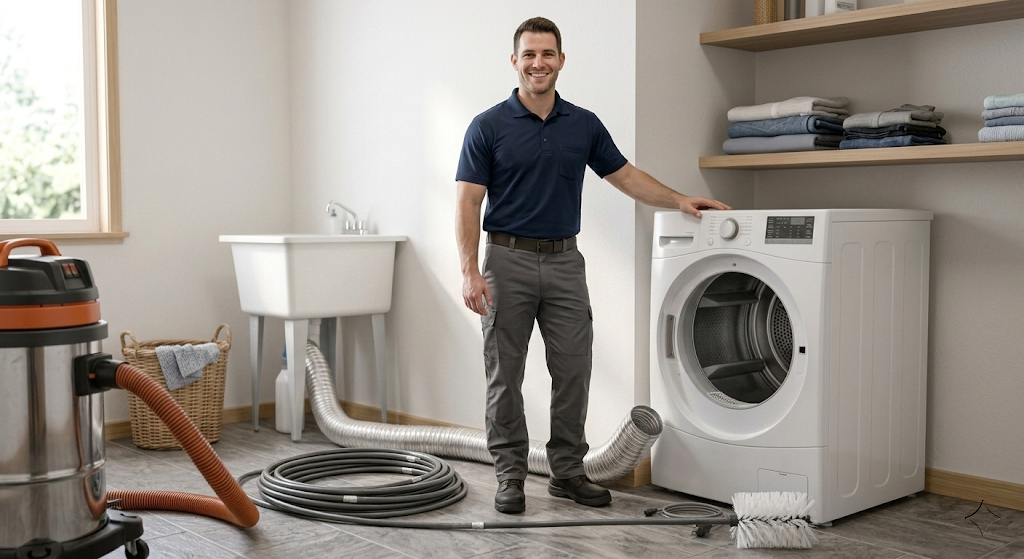 Licensed dryer vent cleaning technician in navy polo standing confidently next to a residential dryer with shop vac and flexible vent hose on the floor — the right pro makes a 60-minute job look easy