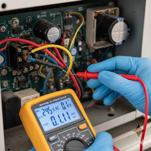 Close-up of an HVAC technician's hands using a digital multimeter to test electrical connections inside an air conditioner control panel.