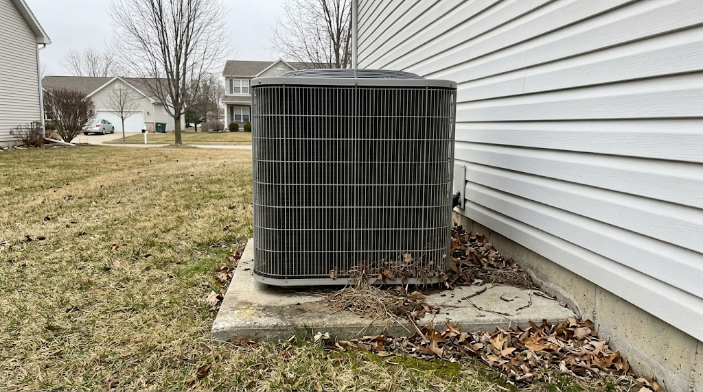 Outdoor AC condenser unit next to an Indiana home in late winter — leaves from last fall still on the ground, exactly the moment to book a spring tune-up