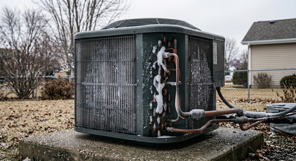Frost and ice coating the coil fins and copper refrigerant lines of an outdoor AC condenser in an Indiana backyard — a clear sign the system needs immediate attention