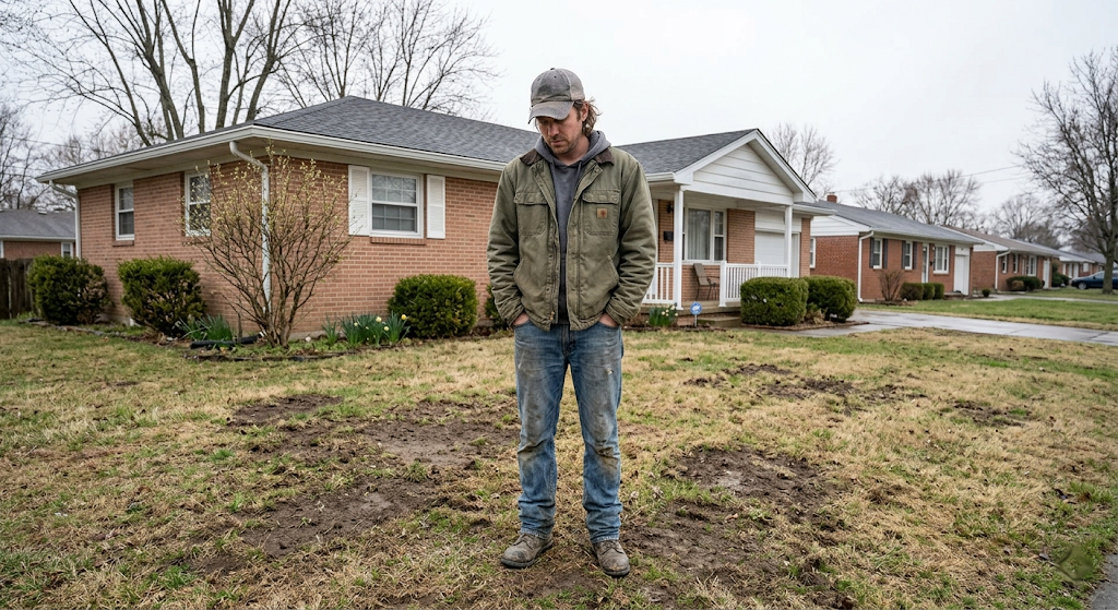 Homeowner standing in his patchy front lawn looking defeated in early spring