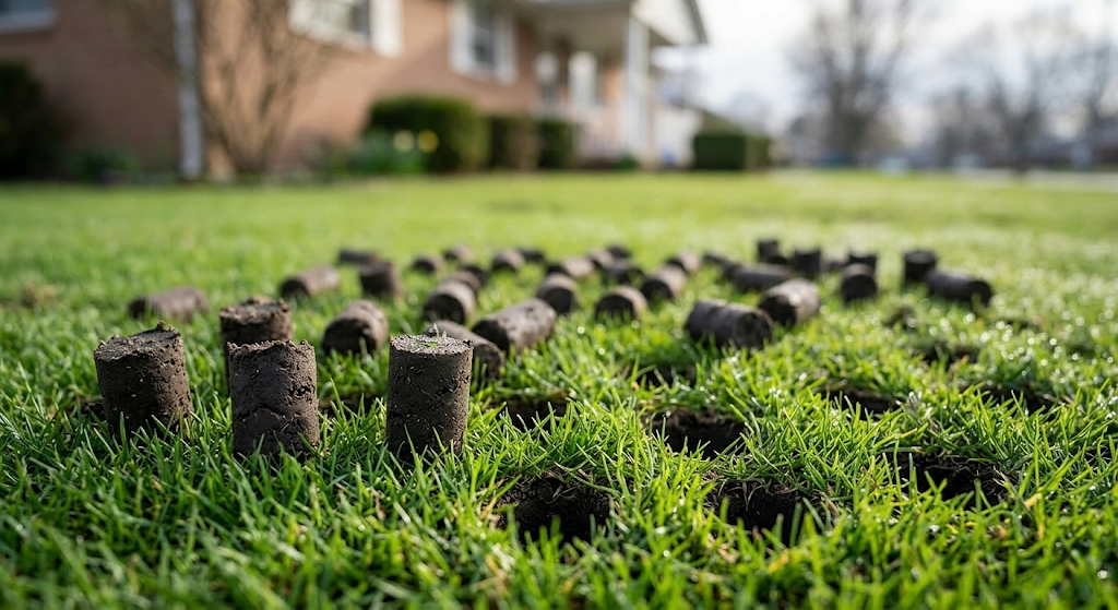 Close-up of lawn core aeration plugs on grass surface