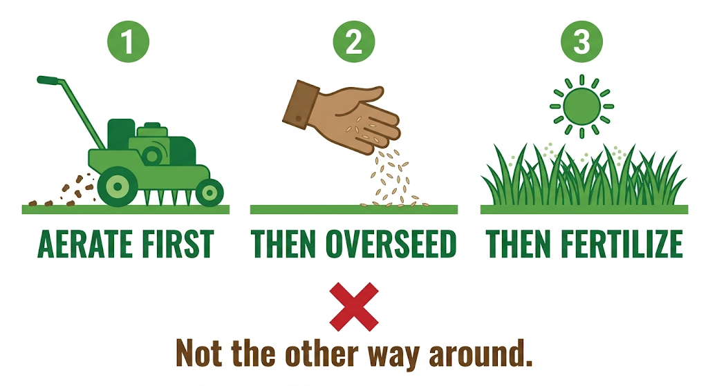 Spring lawn care timing calendar showing pre-emergent vs overseeding windows for Indianapolis and Chicago