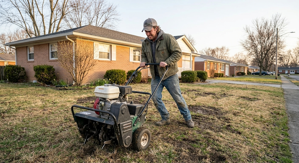 Homeowner struggling to maneuver rented core aerator across patchy lawn