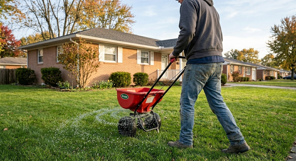 Homeowner using a push fertilizer spreader on residential lawn