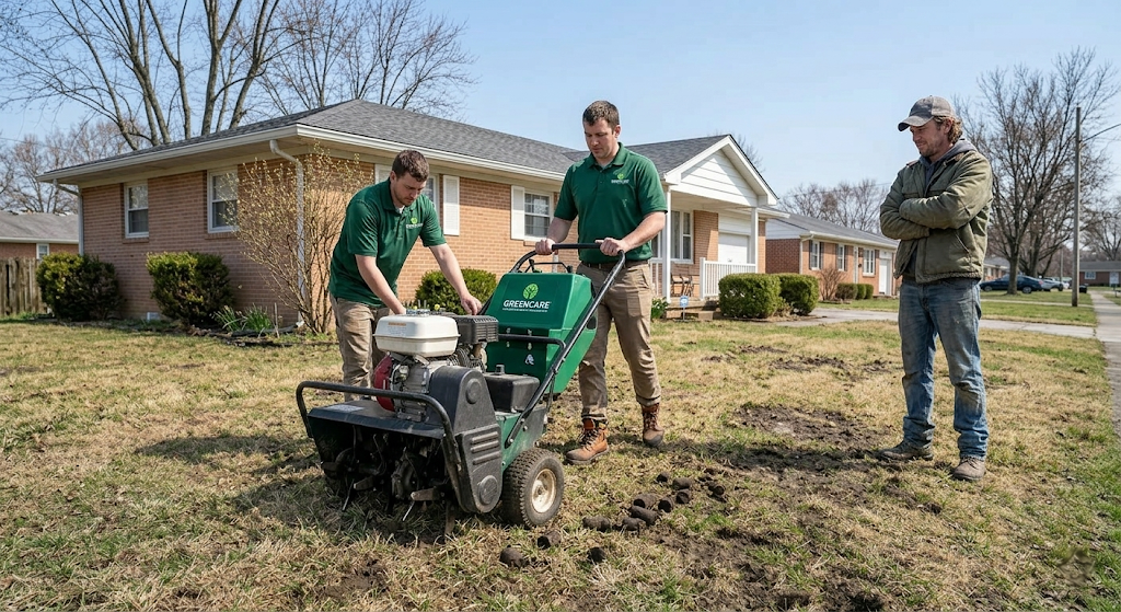 Professional lawn care crew aerating residential lawn with commercial equipment while homeowner watches
